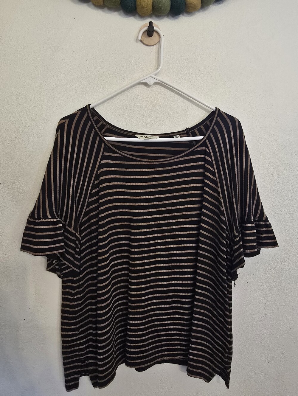 Max Studio London Black Tan Striped Textured Knit Short Sleeve Top Size XL Tunic